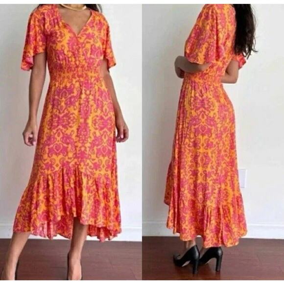 Anthropologie Abel The Label Maya Floral Smocked Midi Hi Low Flowy Dress Size S - Picture 1 of 7